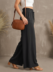 Women's High Waist Wide Leg Pants with Tie Knot & Pockets