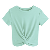 Women's Gray Green Twist Front Crop Top, Summer Short Sleeve