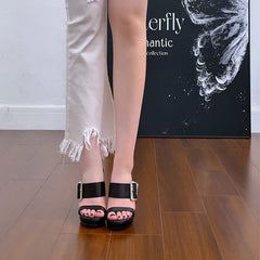 Women's Real Silk High Heel Mules Sheepskin Lining Rhinestone Buckle Open Toe Stiletto Sandals