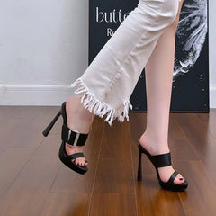 Women's Real Silk High Heel Mules Sheepskin Lining Rhinestone Buckle Open Toe Stiletto Sandals