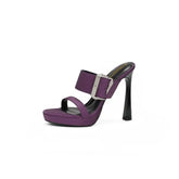 Women's Real Silk High Heel Mules Sheepskin Lining Rhinestone Buckle Open Toe Stiletto Sandals