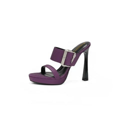 Women's Real Silk High Heel Mules Sheepskin Lining Rhinestone Buckle Open Toe Stiletto Sandals
