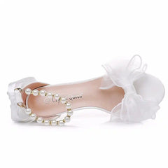 White Bridal Pearl Ankle Strap Sandals Pearl Bow Open Toe Stiletto High Heels Wedding Party Shoes