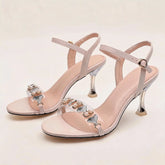 Rhinestone Pearl Clear Strap High Heels Ankle Strap Open Toe Sandals Elegant Party Dress Heels for Women