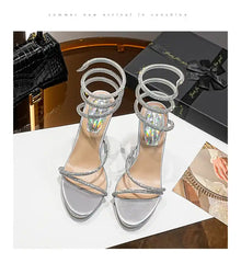 Women's Glamorous Rhinestone Snake Strap Platform Sandals 12cm Evening Stiletto Heels