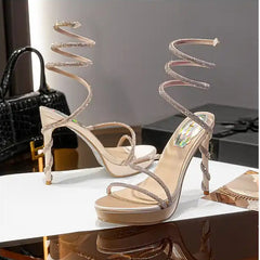 Women's Glamorous Rhinestone Snake Strap Platform Sandals 12cm Evening Stiletto Heels