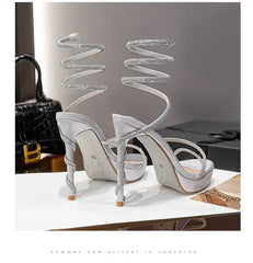 Women's Glamorous Rhinestone Snake Strap Platform Sandals 12cm Evening Stiletto Heels