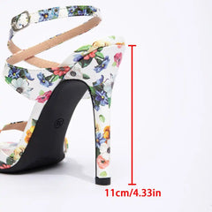 Floral Printed Crisscross Strap High Heel Sandals Elegant 4.33 Inch Stiletto Party Shoes