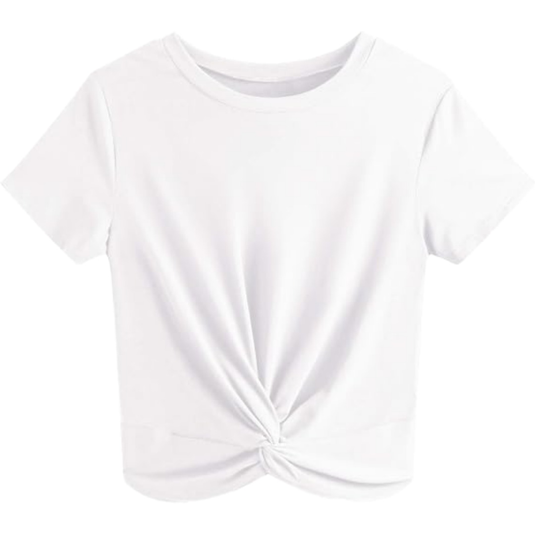 Women's White Twist Front Crop Top, Summer Short Sleeve Tee