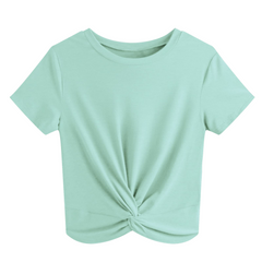 Women's Gray Green Twist Front Crop Top, Summer Short Sleeve