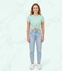 Women's Gray Green Twist Front Crop Top, Summer Short Sleeve