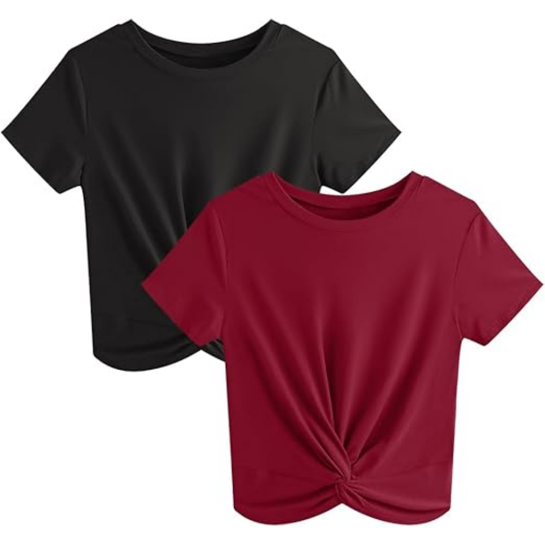 Women's 2-Pack Twist Front Crew Neck Casual Crop Tees