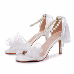 White Bridal Pearl Ankle Strap Sandals Pearl Bow Open Toe Stiletto High Heels Wedding Party Shoes