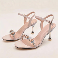 Rhinestone Pearl Clear Strap High Heels Ankle Strap Open Toe Sandals Elegant Party Dress Heels for Women