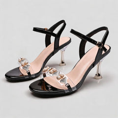 Rhinestone Pearl Clear Strap High Heels Ankle Strap Open Toe Sandals Elegant Party Dress Heels for Women