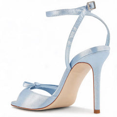 Light Blue Satin Bow Ankle Strap Sandals Sexy High Stiletto Party Heels